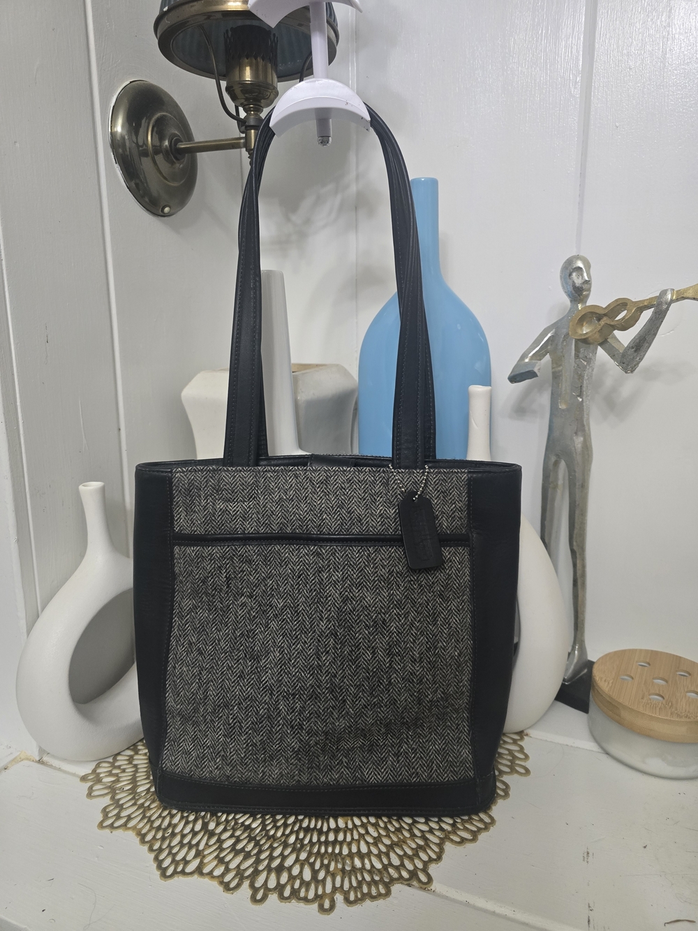 Coach Black and Gray Herringbone Lunch Tote